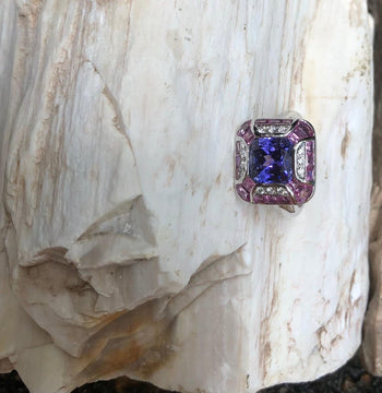 SJ1353 - Tanzanite with Pink Sapphire and Diamond Ring Set in 18 Karat White Gold Setting