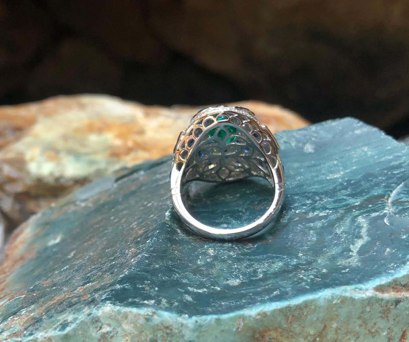 SJ2455 - Emerald, Blue Sapphire with Diamond Ring in 18 Karat White Gold Settings