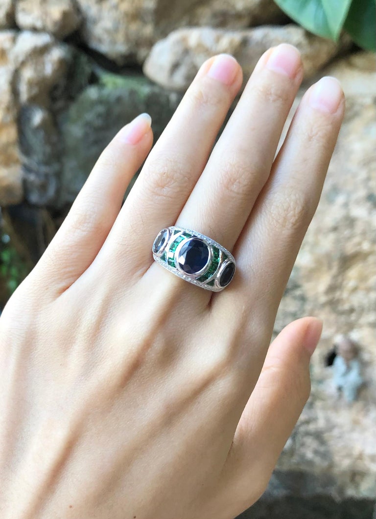 SJ1148 - Blue Sapphire, Tsavorite and Diamond Ring Set in 18 Karat White Gold Settings