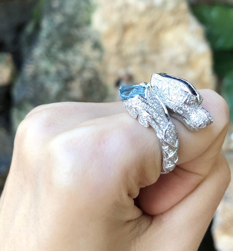 SJ1166 - Aquamarine, Blue Sapphire and Diamond Dragon Ring in 18 Karat White Gold