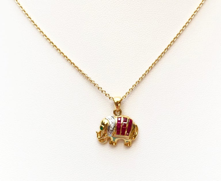 SJ1373 - Ruby with Diamond and Emerald Elephant Pendant Set in 18 Karat Gold Settings