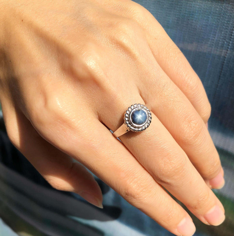 SJ2685 - Blue Star Sapphire Ring Set in 18 Karat White Gold Settings