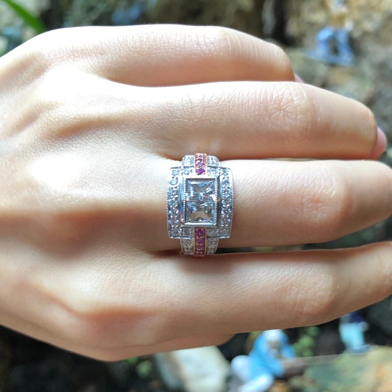 SJ1550 - White Sapphire with Pink Sapphire and Diamond Ring Set in 18 Karat White Gold