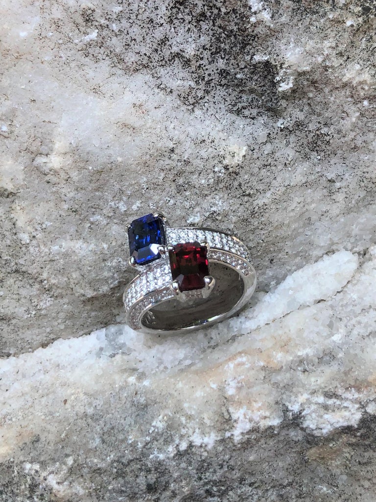 SJ1436 - Certified Blue Sapphire and Ruby with Diamond Ring Set in Platinum 950 Settings