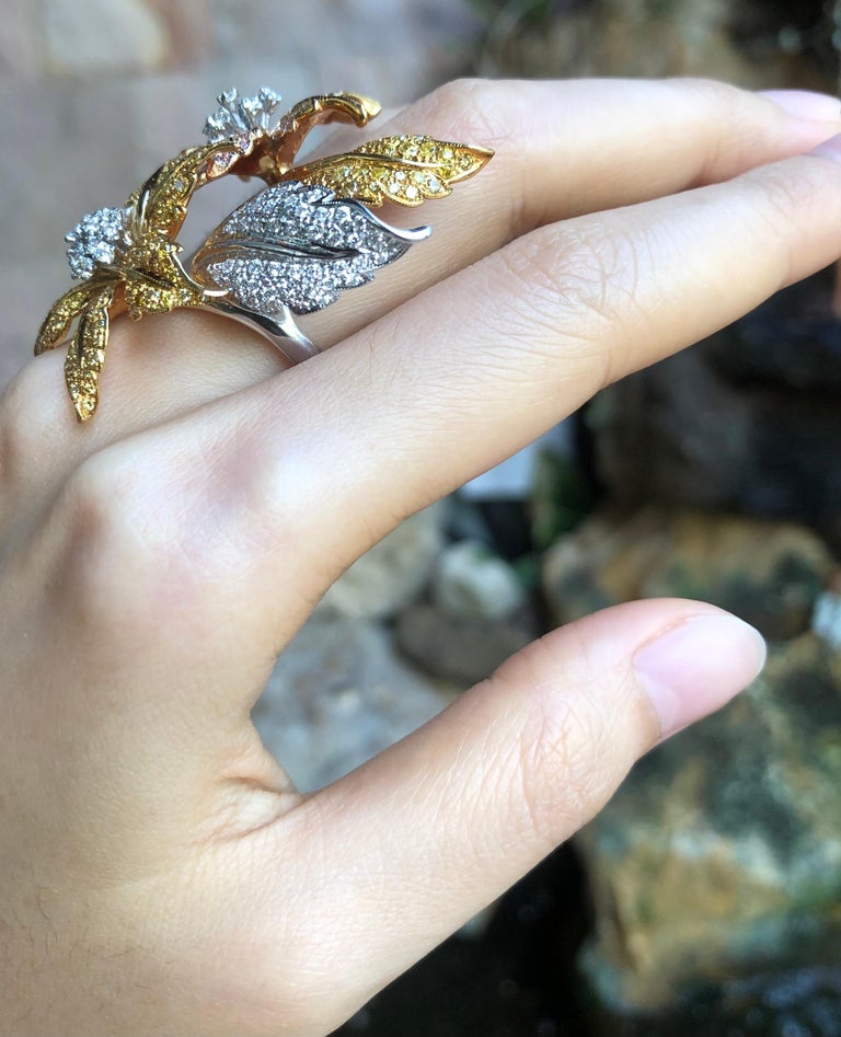 SJ1626 - Diamond, Yellow Diamond and Pink Diamond Flower Ring Set in 18 Karat White Gold