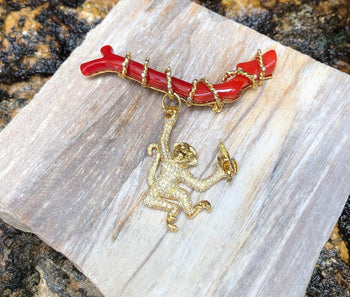 JPA2196 - Coral with Yellow & Brown Diamond Monkey Brooch Set in 18K Gold