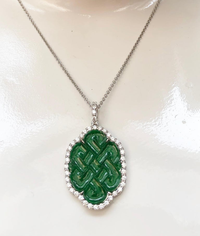 SJ2553 - Carved Jade with Diamond Love Knot Pendant Set in 18K White Gold Settings