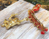 SJ1409 - Coral with Yellow Diamond and Brown Diamond Monkey Brooch Set in 18 Karat Gold