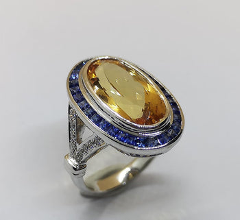 SJ2386 - Movel Shape Imperial Topaz, Blue Sapphire and Diamond Ring in 18k White Gold