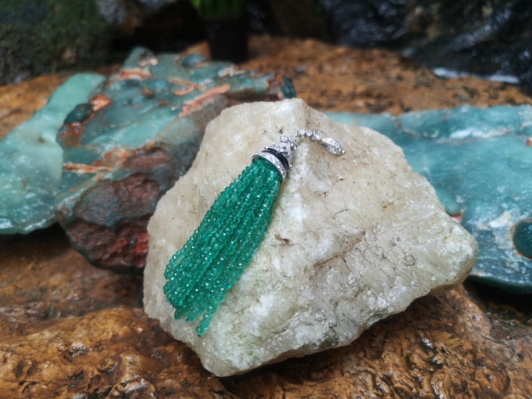 SJ1870 - Emerald with Diamond and Onyx Tassel Pendant Set in 18 Karat White Gold Settings