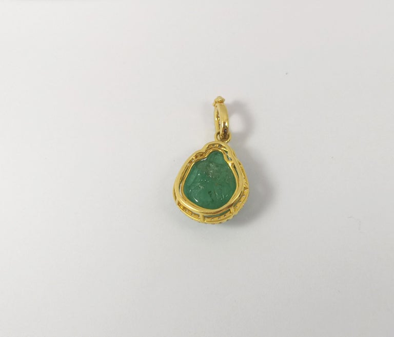 SJ6164 - Carved Happy Buddha Emerald with Diamond Pendant Set in 18 Karat Gold Setting