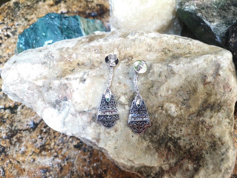 SJ2140 - Onyx with Emerald, Ruby and Diamond Earrings set in 18 Karat White Gold Settings