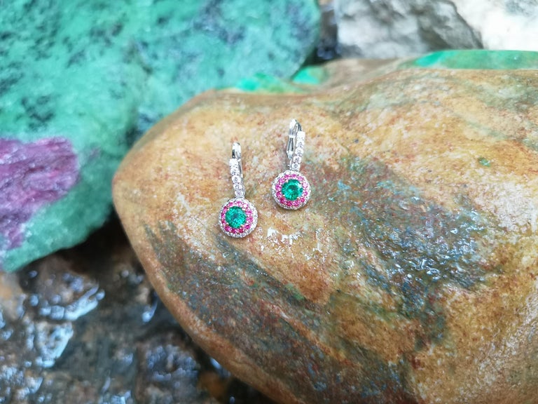 SJ6208 - Emerald with Diamond and Pink Sapphire Earrings Set in 18 Karat White Gold