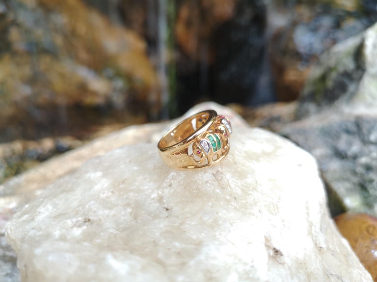 SJ2306 - Ruby, Emerald, Blue Sapphire and Diamond Elephant Ring Set in 18 Karat Gold