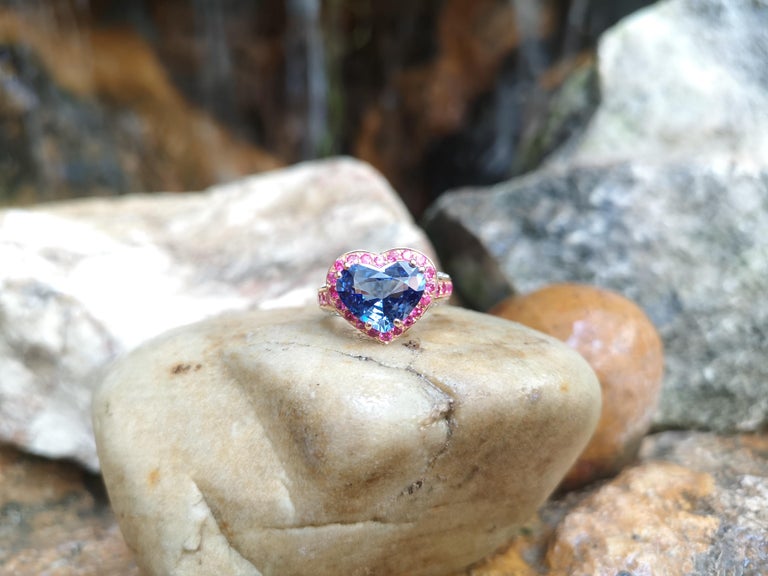 SJ6196 - Heart Shape Blue Sapphire with Pink Sapphire and Diamond Ring in 18K Rose Gold