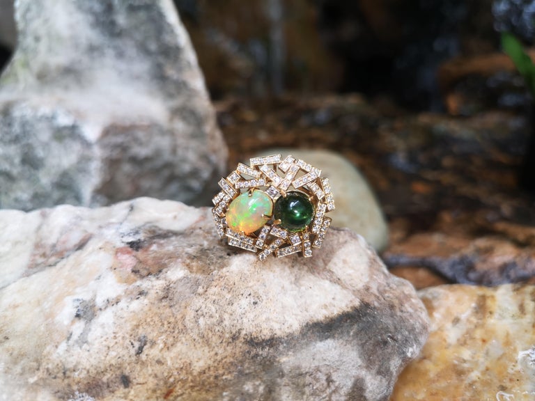 SJ6206 - Opal, Cabochon Green Tourmaline with Brown Diamond Ring Set in 18 Karat Gold