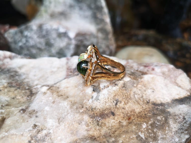 SJ6206 - Opal, Cabochon Green Tourmaline with Brown Diamond Ring Set in 18 Karat Gold