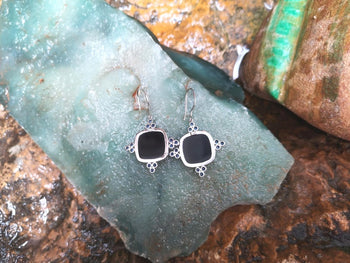 SJ2146 - Onyx with Blue Sapphire Earrings Set in 18 Karat White Gold Settings