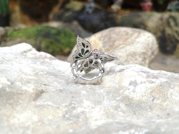 SJ2046 - Moonstone, Carve Jade, Cabochon Ruby, Diamond Butterfly Rings in 18K White Gold