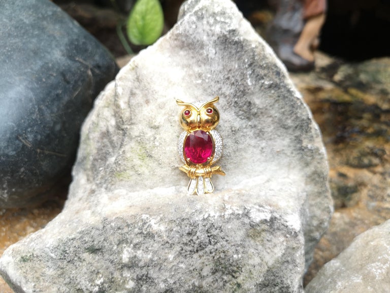 SJ6121 - Rubellite with Cabochon Ruby and Diamond Owl Brooch Set in 18k Gold Settings