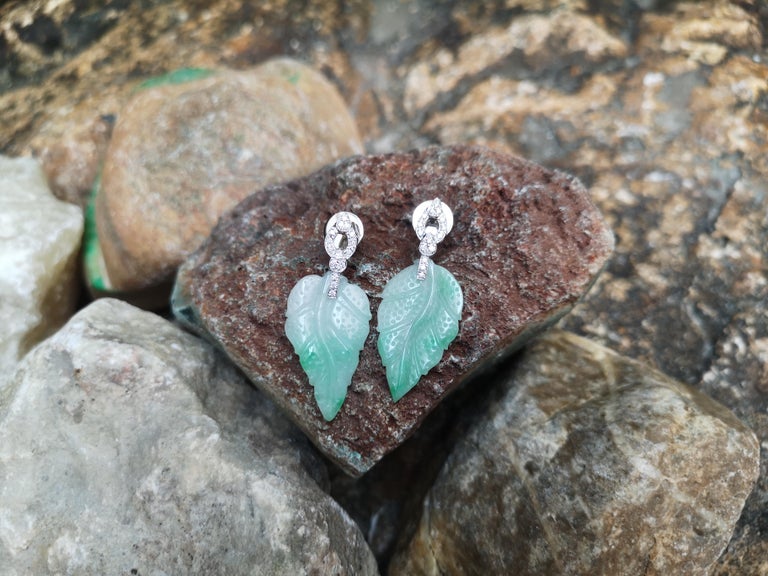 SJ6213 - Carve Jade with Diamond Leaf Earrings Set in 18 Karat White Gold Settings