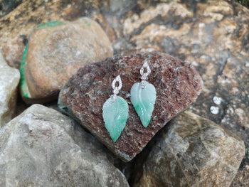 SJ6213 - Carve Jade with Diamond Leaf Earrings Set in 18 Karat White Gold Settings