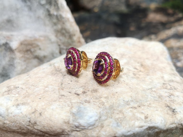 SJ6013 - Amethyst with Ruby Earrings Set in 18 Karat Gold Setting