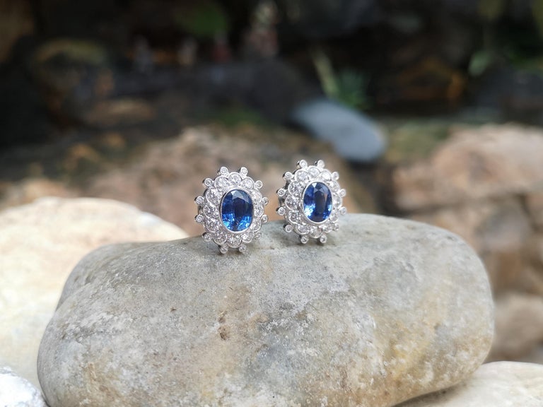SJ6054 - Blue Sapphire with Diamond Earrings Set in 18 Karat White Gold Settings