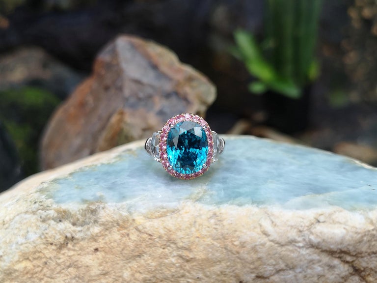 SJ1449 - Blue Zircon with Pink Sapphire, White Sapphire Ring set in 18 Karat White Gold