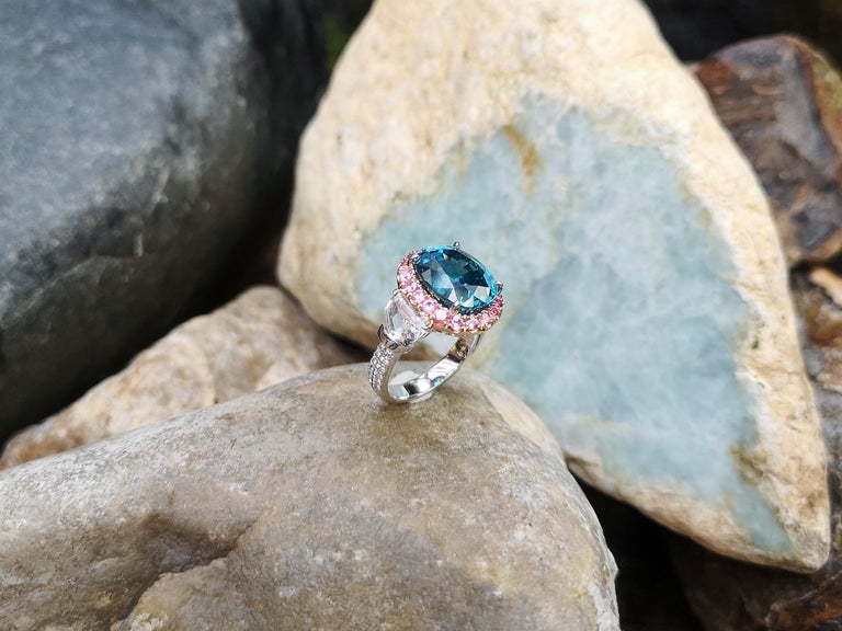 SJ1449 - Blue Zircon with Pink Sapphire, White Sapphire Ring set in 18 Karat White Gold