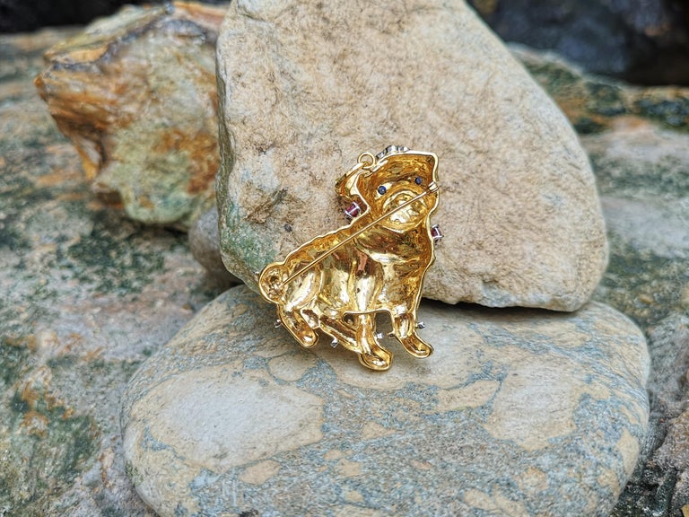 SJ1608 - Ruby, Brown Diamond, Blue Sapphire Pug/Bull Dog Pendant/Brooch in 18 Karat Gold