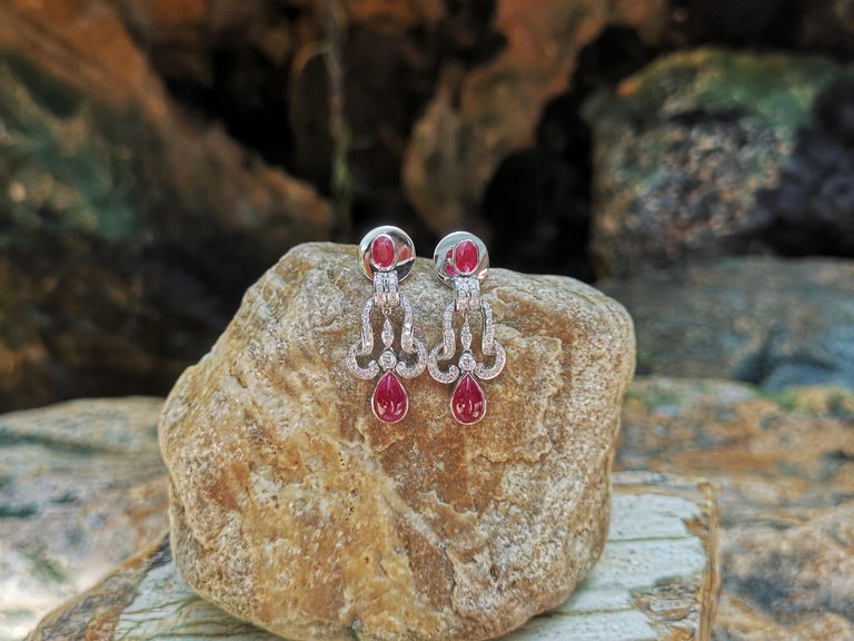 SJ6111 - Cabochon Ruby, Ruby with Diamond Earrings Set in 18 Karat White Gold Settings