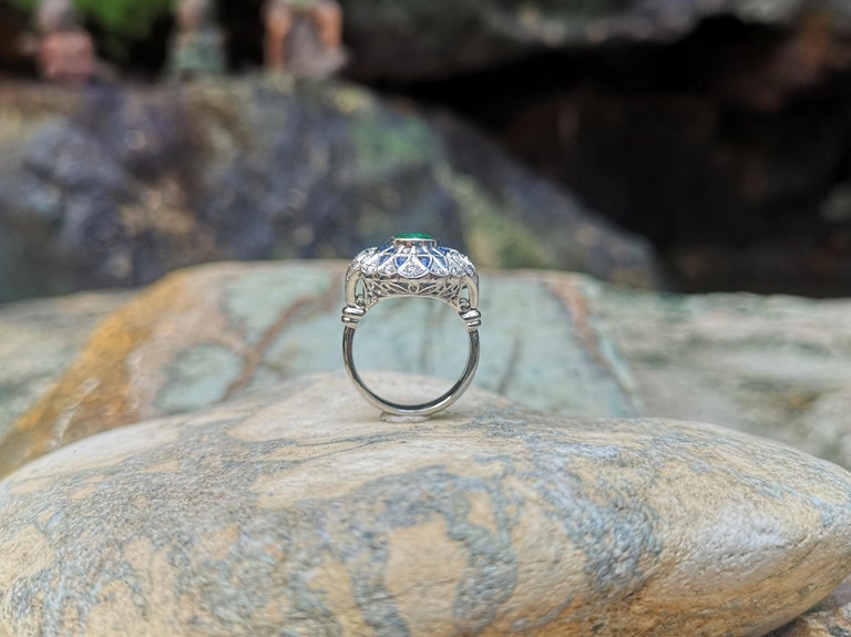 SJ1446 - Emerald with Blue Sapphire and Diamond Ring Set in 18 Karat White Gold Settings