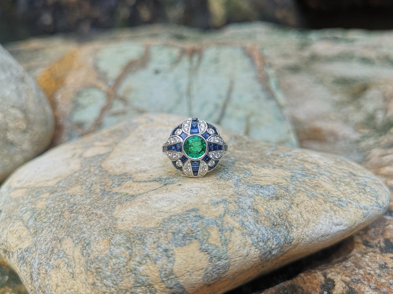 SJ1606 - Emerald with Blue Sapphire and Diamond Ring Set in 18 Karat White Gold Settings