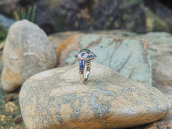 SJ1606 - Emerald with Blue Sapphire and Diamond Ring Set in 18 Karat White Gold Settings