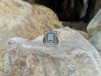 SJ6187 - Carved Aquamarine with Diamond Ring Set in 18 Karat White Gold Settings