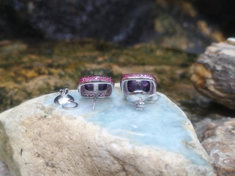SJ1349 - Amethyst with Ruby and Brown Diamond Earrings Set in 18 Karat White Gold Setting