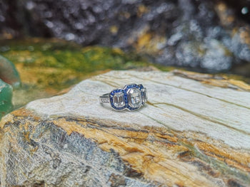 SJ1508 - White Sapphire with Blue Sapphire and Diamond Ring Set in 18 Karat White Gold
