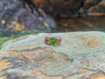 SJ6145 - Peridot with Ruby and Diamond Ring Set in 18 Karat White Gold Settings