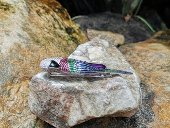 JP0049P - Amethyst, Ruby, Sapphire, Tsavorite, and Diamond Parrot Brooch in 18K White Gold Setting