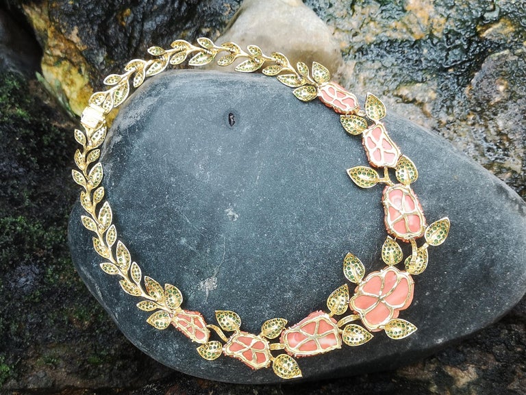 SJ1494 - Coral, Tsavorite, Brown Diamond and Diamond Flower Necklace in 18 Karat Gold