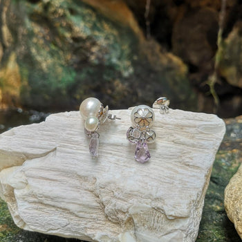 SJ6125 - Fresh Water Pearl with Amethyst Earrings Set in 18 Karat White Gold Settings