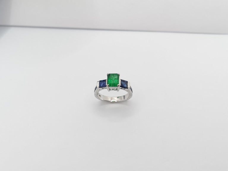 SJ2738 - Emerald with Blue Sapphire Ring Set in 18 Karat White Gold Settings