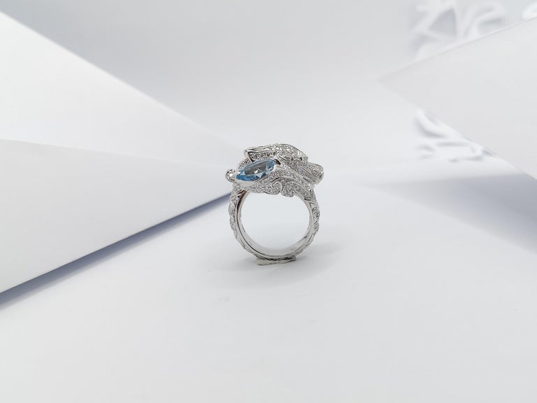 SJ1166 - Aquamarine, Blue Sapphire and Diamond Dragon Ring in 18 Karat White Gold