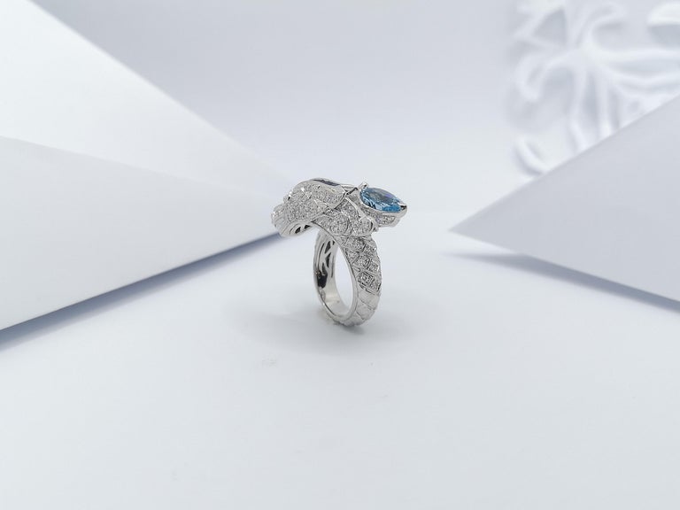 SJ1166 - Aquamarine, Blue Sapphire and Diamond Dragon Ring in 18 Karat White Gold