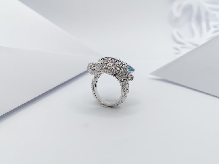 SJ1166 - Aquamarine, Blue Sapphire and Diamond Dragon Ring in 18 Karat White Gold