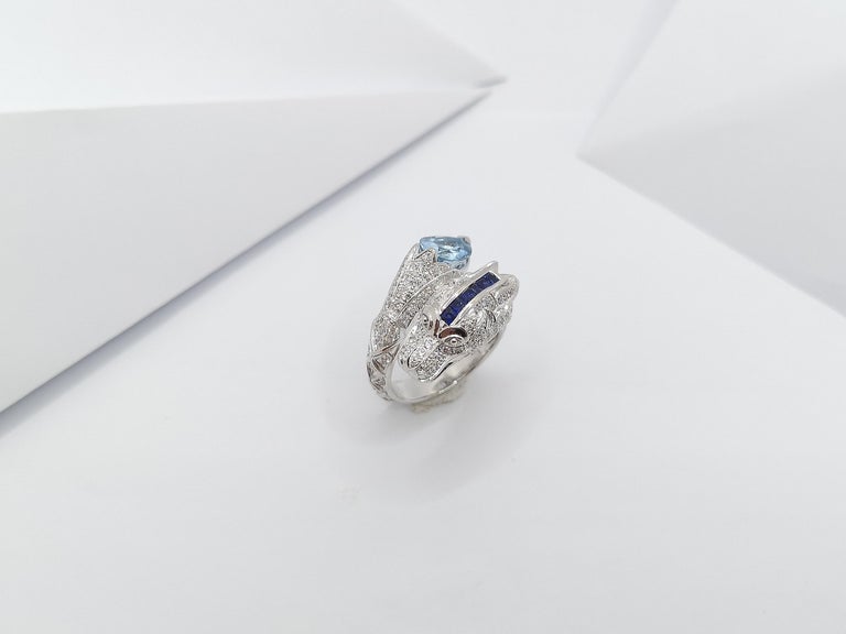 SJ1166 - Aquamarine, Blue Sapphire and Diamond Dragon Ring in 18 Karat White Gold