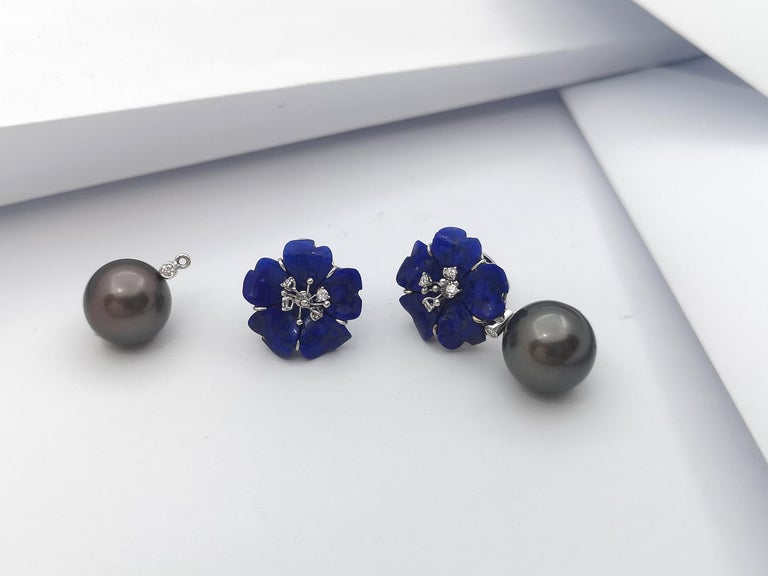 SJ2769 - Tahitian Pearl, Carved Flower Lapiz Lazuli, Diamond Earrings in 18K White Gold