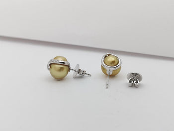 JE0363U - Golden South Sea Pearl & Diamond Earrings Set in 18 Karat White Gold Setting