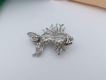 JP0411X - South Sea Pearl, Muti Color Sapphire Scorpionfish Brooch in 18K White Gold